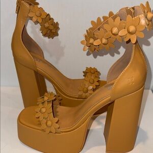 Koi Platform Floral Ankle-Strap Heels in Tan